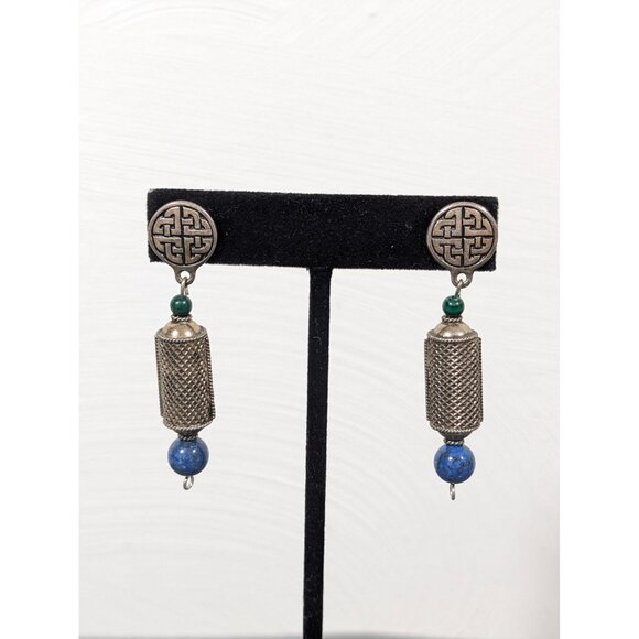 Vintage Celtic Knot Blue Green Stone Long Dangle Earrings Silver Tone - Picture 1 of 7